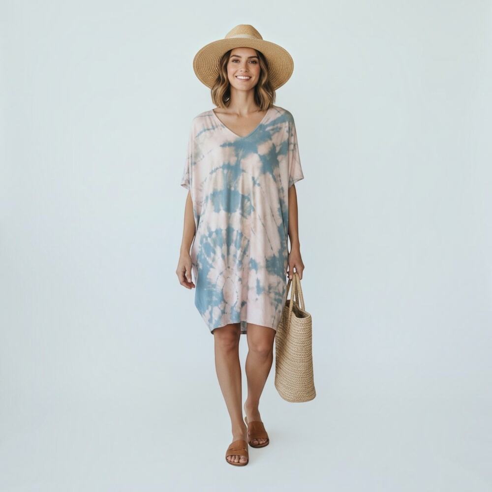 Oversized Tie Dye Tunic Dress Boho Kaftan Beach Coverup One Size